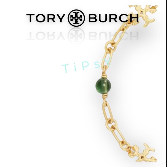 Tory Burch Roxanne Delicate Emerald Pearl and Gold Chainlink Bracelet - Picture 2 of 3